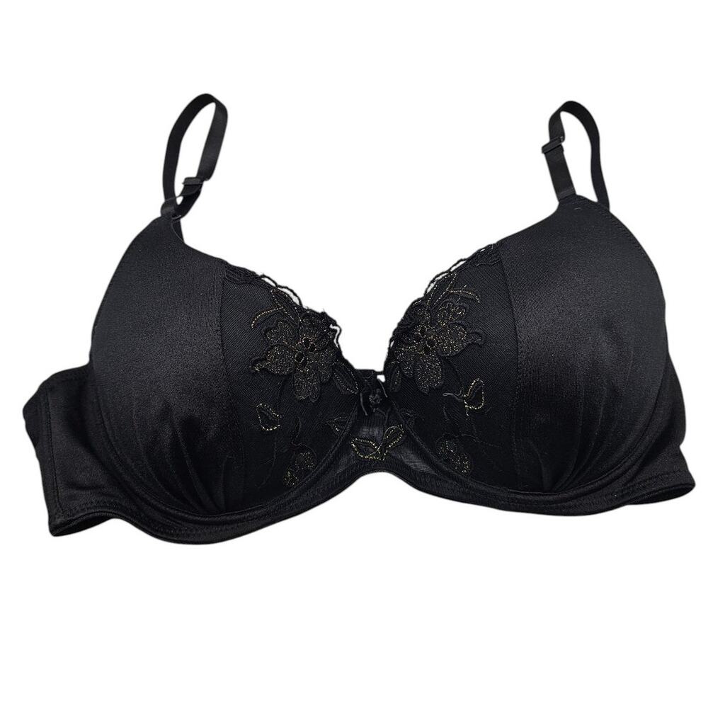 Vintage Y2K Rampage Intimates Sz 36C T Shirt Bra Black w/ Gold Floral Detail